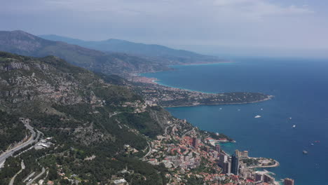 High-altitude-aerial-view-of-the-mediterranean-coastline-Monaco-Menton-france